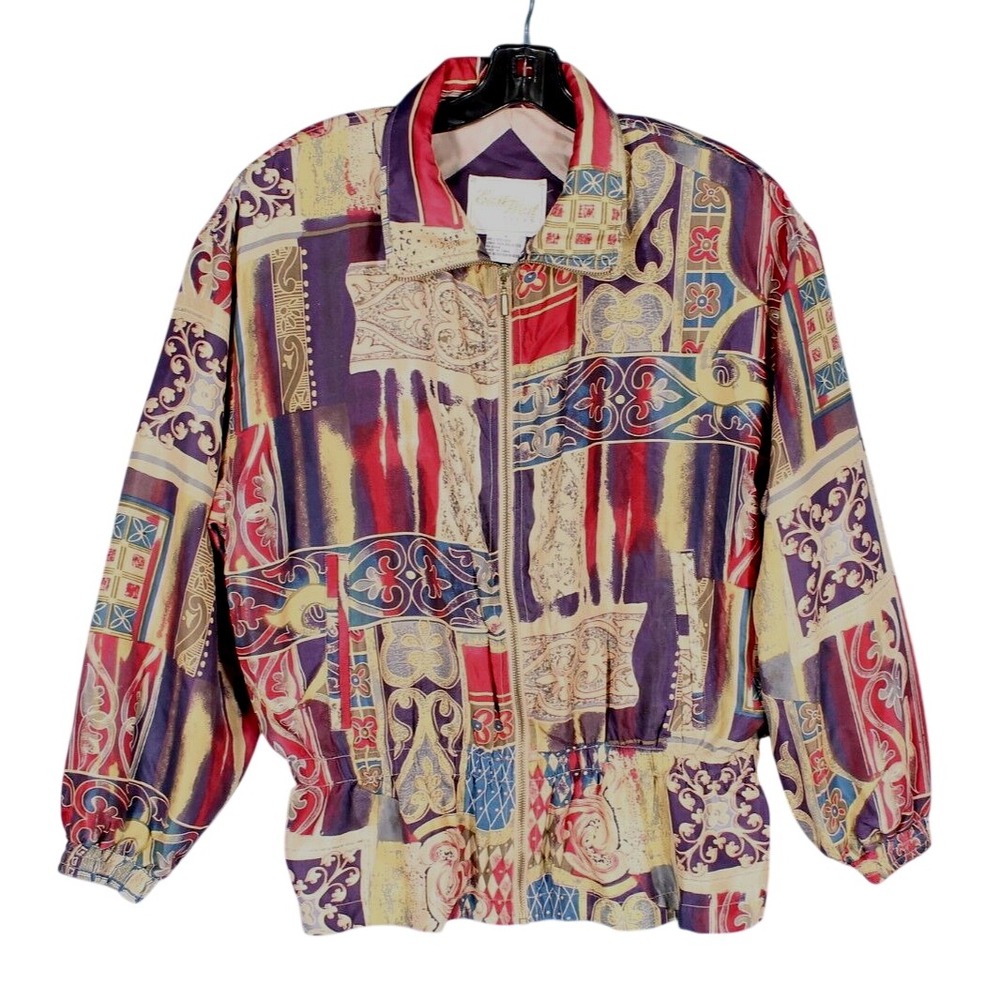 Vintage EAST WEST 100% SILK Zip-Up BAROQUE PATCHWORK Peplum TRACK JACKET Sz S